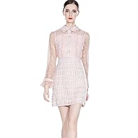 Runway Autumn Pink Sweet Dress Women's Mesh Embroidery Patchwork Tweed Plaid Beaded Button A Line Dress
