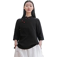 Chinese Blouse 3/4 Sleeve Shirts Tops Cotton Linen Chinese Qipao Frogs Casual T-Shirt for Women