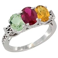 10K White Gold Natural Green Amethyst, Enhanced Ruby & Natural Whisky Quartz Ring 3-Stone Oval 7x5 mm Diamond Accent, sizes 5 - 10