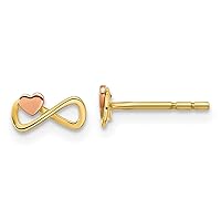 14 kt Two Tone Gold Button Infinity with Heart Post Earrings 4 x 7 mm