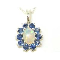 Ladies Solid 925 Sterling Silver Ornate Natural Opal & Blue Sapphire Oval Pendant Necklace