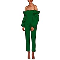 Women's Off Shoulder Jumpsuits Evening Dresses with Detachable Skirt Long Sleeves Satin Prom Gowns Pants Green