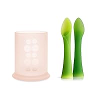 Olababy 100% Silicone Soft-Tip Training Spoon (2PK) and Training Cup (Coral) for Baby Led Weaning