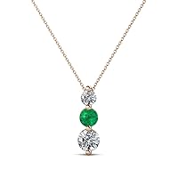 Round Emerald and Diamond Graduated Three Stone Drop Pendant 0.50 ctw 18K Gold. Included 16 Inches 18K Gold Chain