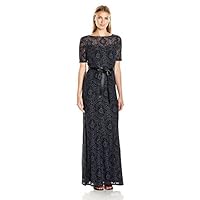 Women's Vintage Lace Short Sleeve Gown with Belted Waist, Pewter/Black, 2