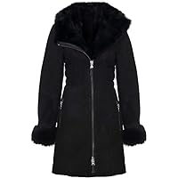 Women's Black Hooded Suede Merino Shearling Sheepskin Toscana Jacket Coat