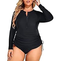 Holipick Women Two Piece Plus Size Zipper Long Sleeve Rash Guard UPF 50+ Swim Shirt with Bottom Bulid in Bra Swimsuit