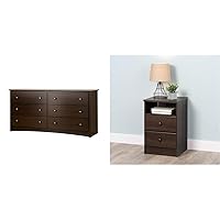 Prepac Fremont Bedroom Furniture: Espresso Double Dresser for Bedroom & Astrid Simplistic Nightstand Side Table with 2 Drawers and Open Shelf