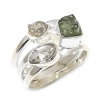 Rough Moldavite Ring & Herkimer Diamond Ring Gemstone From Czech Republic 925 Sterling Silver Handmade Jewelry