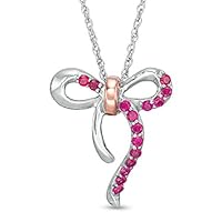 0.25 CT Round Cut Created Ruby Two Tone Bow Pendant Necklace 14k White Gold Over