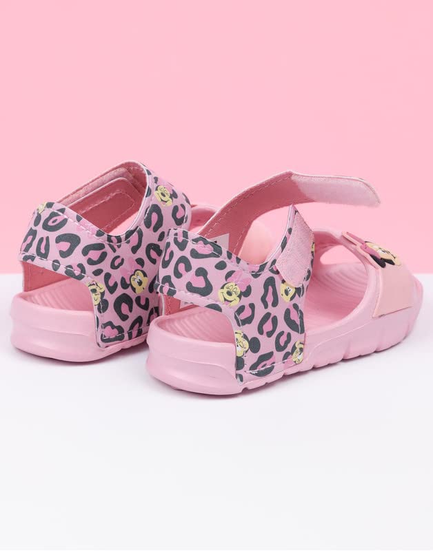 Disney Minnie Mouse Sandals Kids Toddlers | Girls Leopard Animal Print Pink Sliders with Supportive Strap | Pink Summer Shoes Footwear