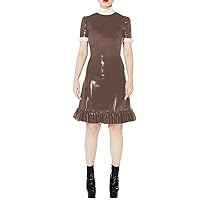 Elegant Knee Length Bodycon Dresses Shiny PVC Leather High Neck Short Sleeve Party Dress Female Slim Ruffles Dress
