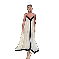 Elegant Dress Women ; Sexy Summer Sling Beach Dresses Female Backless -Neck Contrast Color Long -