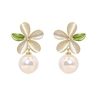 Pair of White Green Cat Eye's Flower Earrings for Women Girls 925 Sterling Silver Post Pin Hypoallergenic White Simulate Pearl Studs Earring Dainty Present for Mother Sister Aunt 2pcs