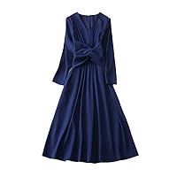 Elegant Spring Dresses for Women Designer Long Sleeve Lace Up Midi Celebrity Party Dresses Deep Blue