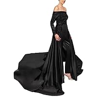 VeraQueen Women's Off Shoulder Jumpsuits Evening Dresses with Train Long Sleeves Beaded Prom Dress
