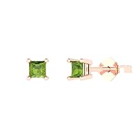 0.50 ct Princess Cut Solitaire VVS1 Natural Green Peridot Pair of Stud Earrings 18K Pink Rose Gold Butterfly Push Back