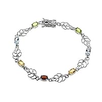 Genuine Amethyst, Natural Multi-Colored Gemstones with White Topaz 925 Silver Bracelet