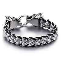 Punk Rock Man Double Wolf Head Stainless Steel Chain Bracelet with Genuine Leather Wrap 17MM Wide Bracelets Men Jewelry Gifts (Length : 21.5cm, Metal Color : Silver Plated)