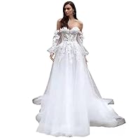 Women Long Lace Wedding Dresses with Sleeves A-Line Tulle See Through Back Sweep Train Bridal Gown
