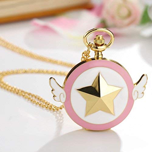 Womens Sakura Star Wings Quartz Pocket Watch with Chain + Gold Box