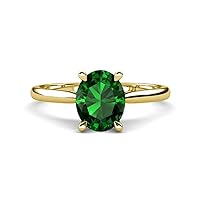 Center Created Emerald 1.76 ctw Oval Shape (9x7 mm) & Side Lab Grown Diamond Prong set Hidden Halo Engagement Ring in 14K Gold