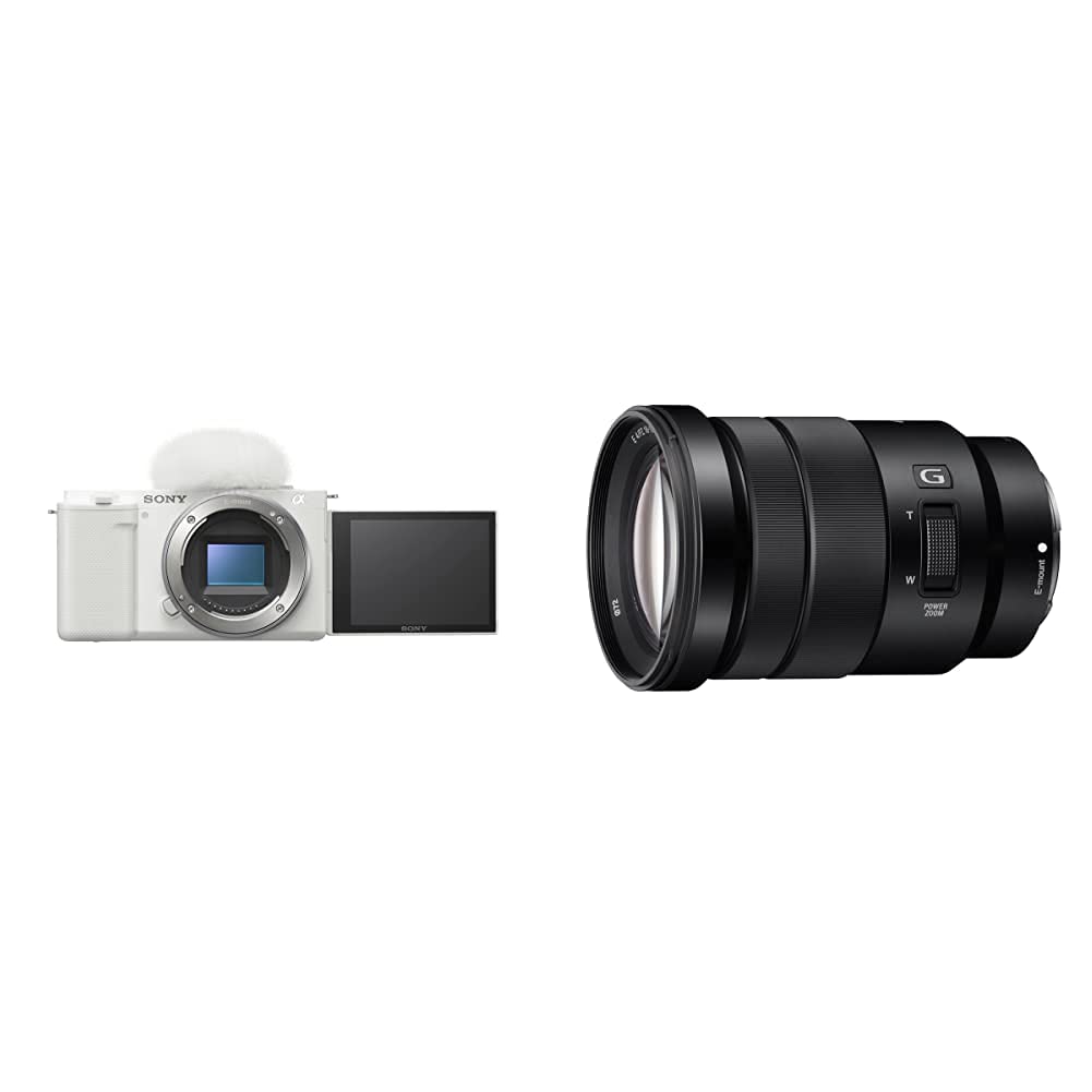 Sony Alpha ZV-E10 - APS-C Interchangeable Lens Mirrorless Vlog Camera - White + Sony SELP18105G E PZ 18-105mm F4 G OSS, Black