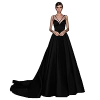 Women's Spaghetti Straps Prom Dresses Long A-line Satin Formal Evening Ball Gowns Black
