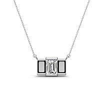 Emerald Cut Natural Diamond & Black Diamond 1 3/8 ctw Women 3 Stone Pendant Necklace 14K Gold