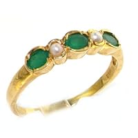 18k Yellow Gold Real Genuine Emerald and Cultured Pearl Womens Eternity Ring