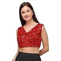 Aashita Creations Women's Sequences Silk Blouse with V Neck Red Color_1368