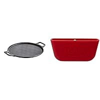 Lodge BOLD 14 Inch Seasoned Cast Iron Pizza Pan, Design-Forward Cookware & Silicone Bold Assist Handle Holder, Red