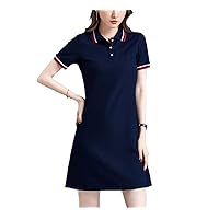 Summer Cotton Cartoon Embroidered Polo Dress Woman Pink Casual Knee-Length Straight Dresses Royal Blue