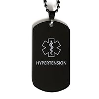Medical Alert Black Dog Tag, Hypertension Awareness, SOS Emergency Health Life Alert ID Engraved Stainless Steel Chain Necklace For Men Women Kids