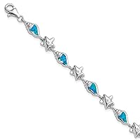925 Sterling Silver Rhodium Starfish with Cubic Zirconia & Created Blue Opal Seashell Size 7.25 Bracelet