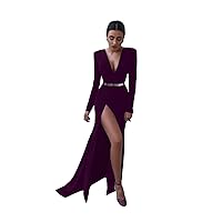 Women's Long Sleeves Deep V-Neck Satin High Slits Ball Gowns Mermaid Long Evening Dress Dark Purple
