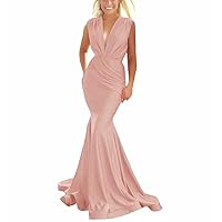 Long Stretchy V-Neck Prom Dresses Mermaid Pleated Formal Evening Gowns for Women