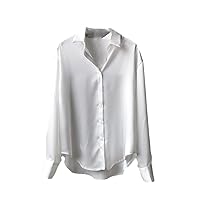 Autumn Fashion Button Up Satin Silk Shirt, Women Vintage White Blouse, Lady Long Sleeves Loose Street Shirts