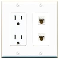 RiteAV - 15 Amp Power Outlet 2 Port Cat6 Ethernet White Decorative Wall Plate