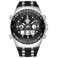 Golden Hour Military Sports Men's Watches Large Size 3ATM Waterproof, Stopwatch, Digital Analog Wrist Watch with Silicone Band - Silver Black