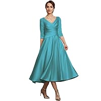 Women's V Neck 3/4 Sleeve Evening Dresses Tea-Length Formal Party Gowns Blue