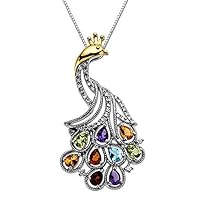 4 CT Pear Cut Created Multi Gemstone Peacock Pendant Necklace 14k White Gold Finish