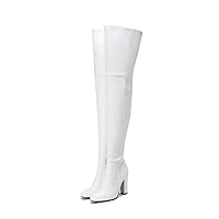 Frankie Hsu Sexy White Chunky Round Toe Over The Knee Boot, Classic Thigh High Style, Large Big Size Block Heels Above The Knee High Boots For Women