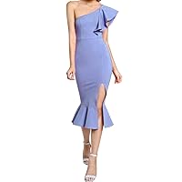 Women's One Shoulder Satin Slim Prom Dress Hem Slit Ruffles Evening Dress