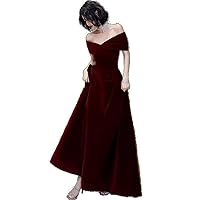 Spring Long Luxury Elegant Wine Red Soft Evening Party Wedding Dresses for Women Off Shoulder Dress -