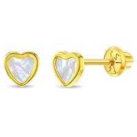 14k Yellow Gold Mother of Pearl Little Heart Screw Back Earrings for Young Girls - Small Dainty Heart Screw Backs for Baby Girls to Toddlers - Beautiful Heart Studs for Pretty Little Children
