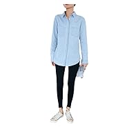 Spring Autumn Women Basic Cotton Shirt Pocket Turn-Down Collar Long Sleeves All-Match Blue Denim Casual Blouse