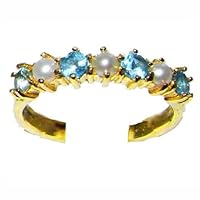 14k Yellow Gold Cultured Pearl & Blue Topaz Womans Eternity Ring