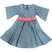 Girls Blue Organic Linen Blended Full Skirted Dress with 3/4 Fashion Bell Sleeves & Red Contrast Belt