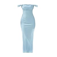 Light Blue Dress for Women,Off Shoulder Bra Satin Bread Buttocks Backless Women's Dress Long Dress Evening Dres